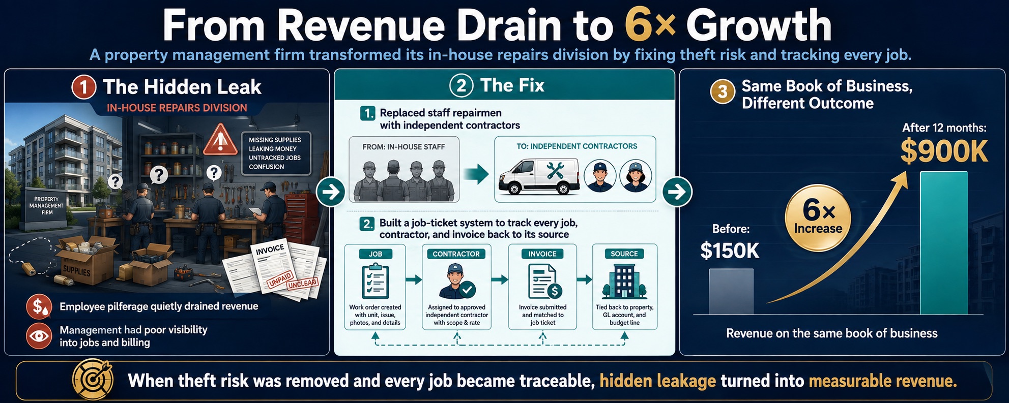 Infographic: From Revenue Drain to 6x Growth. A property management firm transformed its in-house repairs division by fixing theft risk and tracking every job. The hidden leak: employee pilferage quietly drained revenue and management had poor visibility into jobs and billing. The fix: replaced staff repairmen with independent contractors, and built a job-ticket system tracking every job, contractor, and invoice back to its source. Same book of business, different outcome: revenue grew from $150K before to $900K after 12 months — a 6x increase.